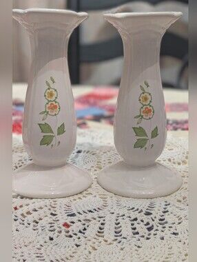 Vintage ceramic Federalist Tall Candlesticks, Set of 2, White with Flowers